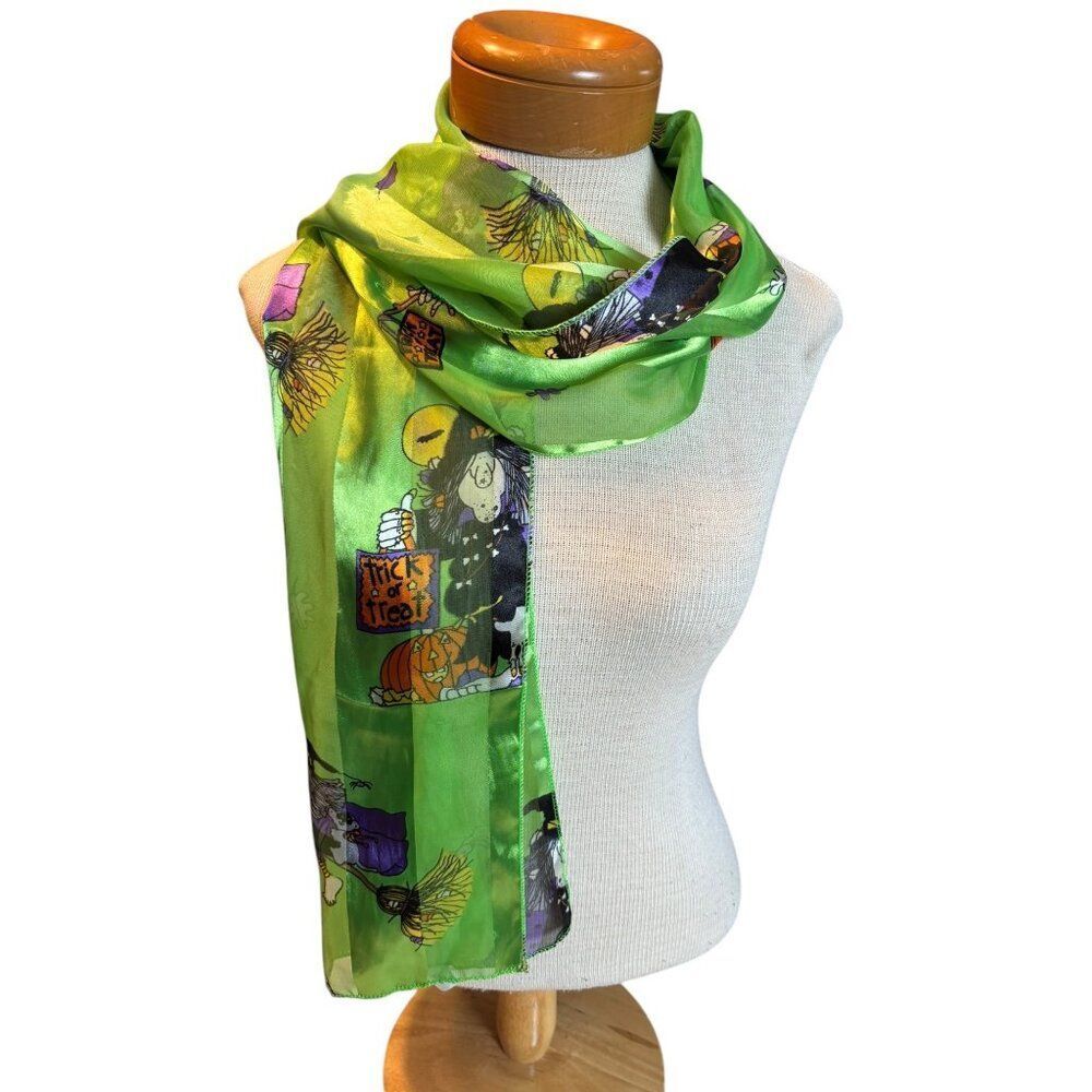 Halloween-Themed Green Sheer Scarf With Witch & Pumpkin Print